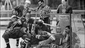 GRENOBLE, FRANCE - FEBRUARY 15: Czech and Soviet ice hockey players are tangled in front of the Czech goal cage as the referee stops the play 15 February 1968 in Grenoble (French Alps) during the Winter Olympic match between the USSR and Czechoslovakia. The Czech team upset the defending Olympic champions 5-4. (Photo credit should read STAFF/AFP/Getty Images)